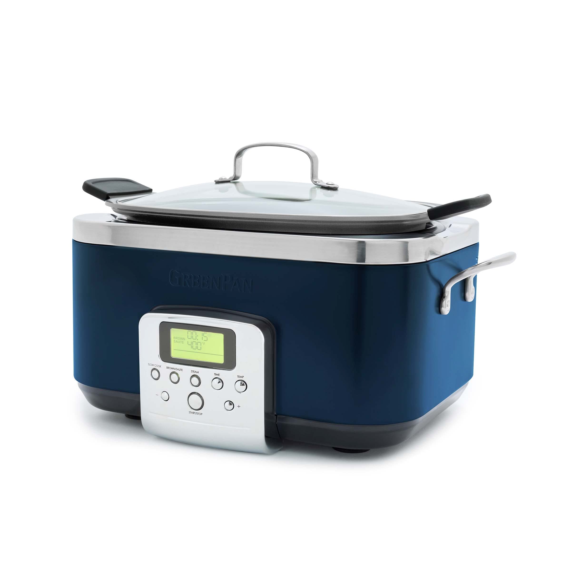 GreenPanElite 8 - in -1 Programmable 6QT Electric Slow Cooker, Dishwasher Safe Lid & Removable Crock, PFAS-Free Healthy Ceramic Nonstick Multi-Cooker,Sear, Sauté/Brown,Steam Basket,Roast, Oxford Blue