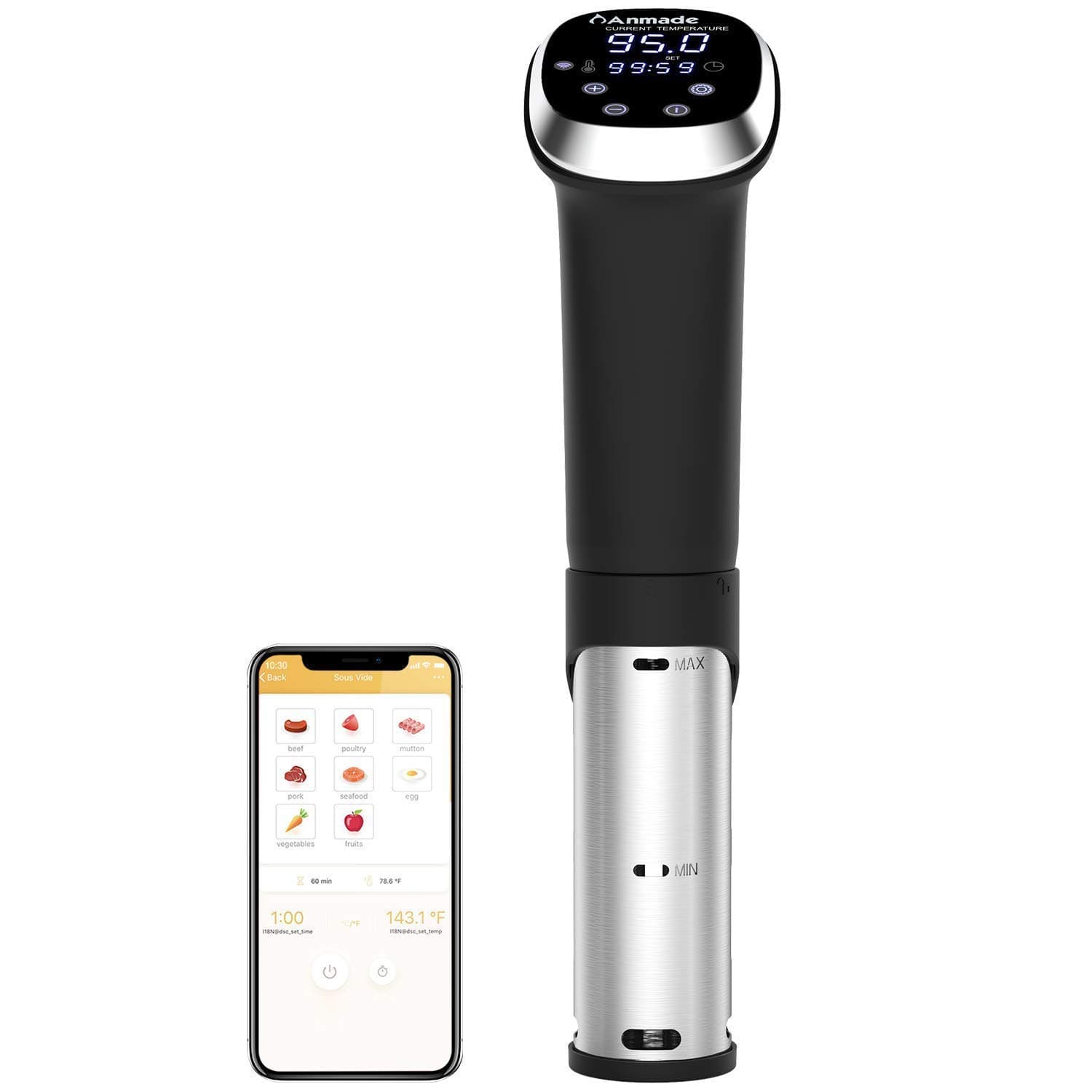 WiFi Sous Vide 1200W Precision Cooker Immersion Circulator, Work with Alexa, Digital LED Screen IPX7 Waterproof with Accurate Temperature Timer Control and Recipe for Kitchen