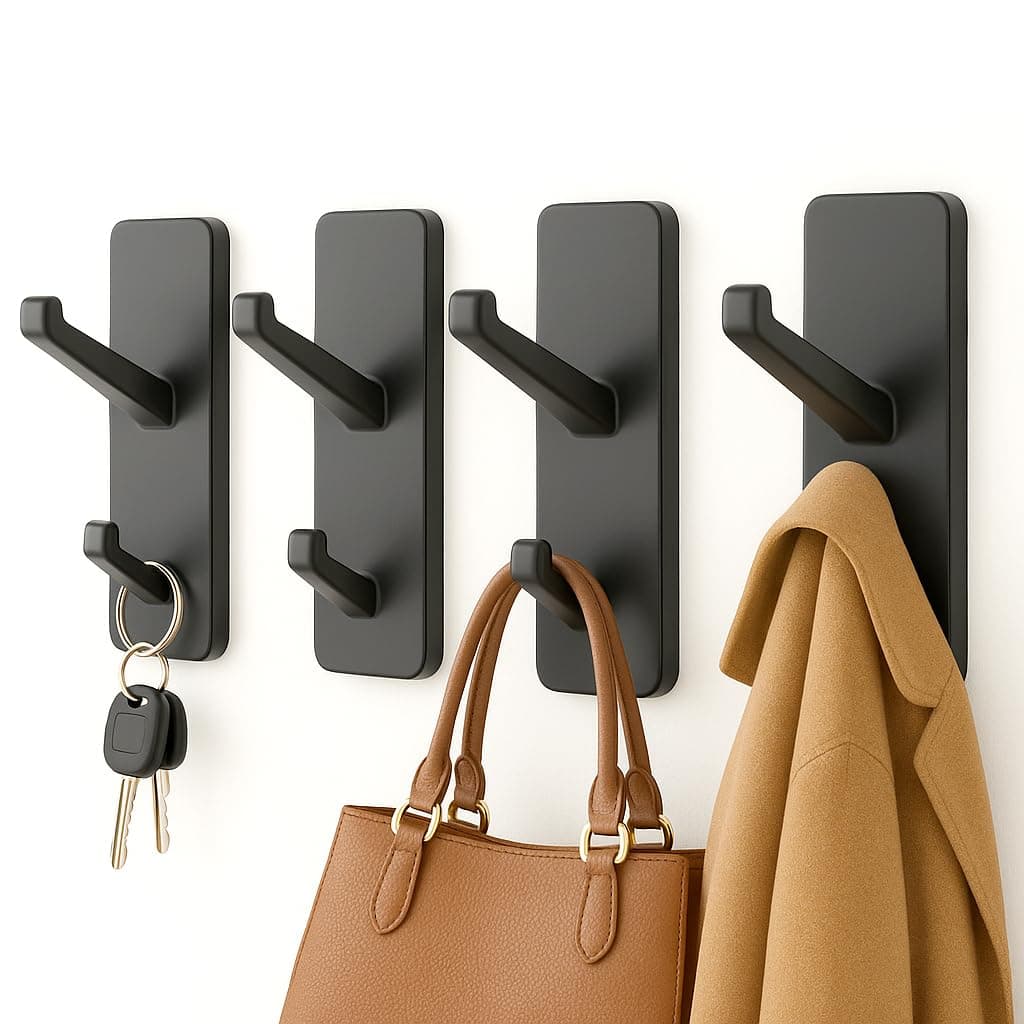 susswiff Wall Hooks Stick On for Hanging Coats - Strong Sticky Hooks, Heavy Duty (Hold 6KG), Self Adhesive Hook for Towel, Coats, Key, for Bathroom, Door, Kitchen, Dorm, Black, Metal, 4 Pack