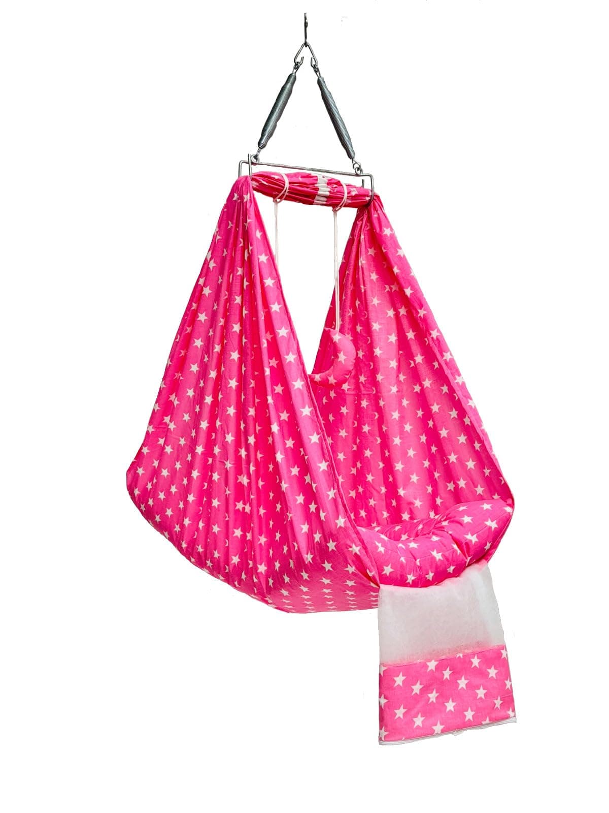Little Chime Cradle (Jhula) with Spring, Hanger, Mosquito Net and Cradle Cloth (Pink)