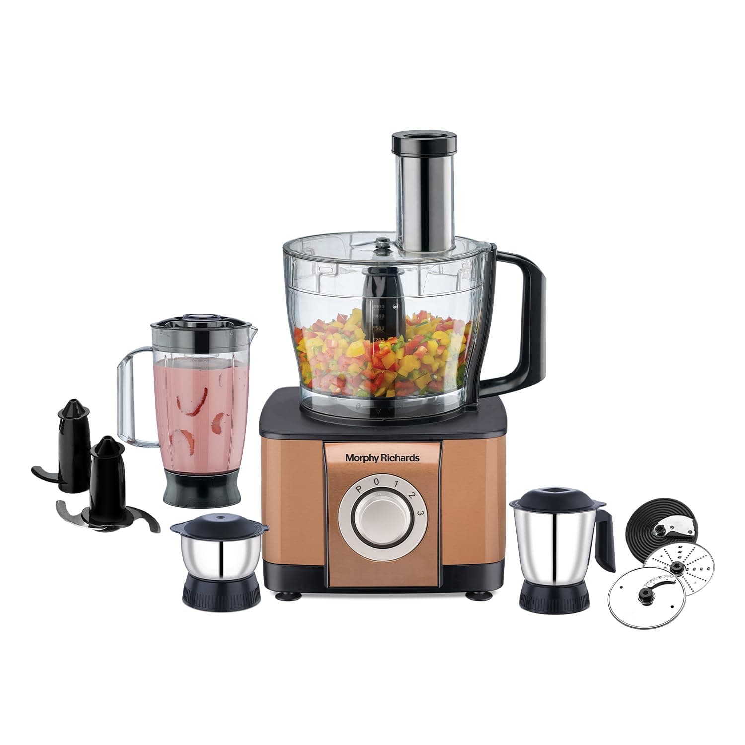 Icon Superb Food Processor 1000W | 3.2L Bowl | 2 SS Jars + 1 Juicer | 11 Attachments: Kneader, Chopper, Slicer, Shredder, Fry Cutter | Quadra Flow | 2 Year Warranty | 【Glazing Copper】
