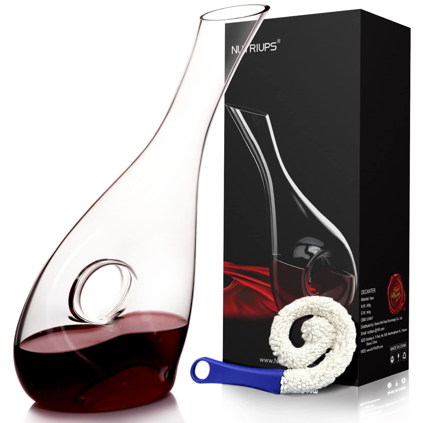 Red Wine Decanter for Half Bottle, 0.9L Glass Wine Decanter, Hand Blown, Small Wine Carafes