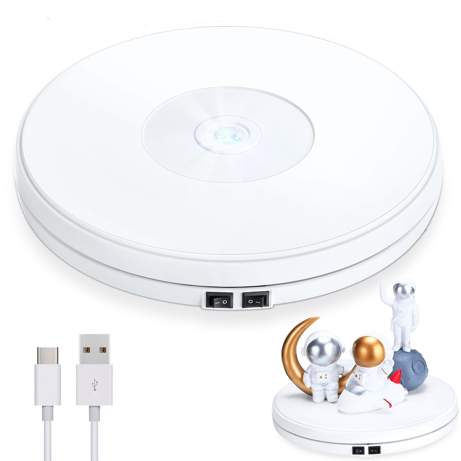 Tuanse 10 Inch Electric Motorized Rotating Turntable Cup Display Stand with LED, 44 lb Centric Loading for Table, 360 Degree Product Display Stand for Shop Jewelry Photography Video(White)