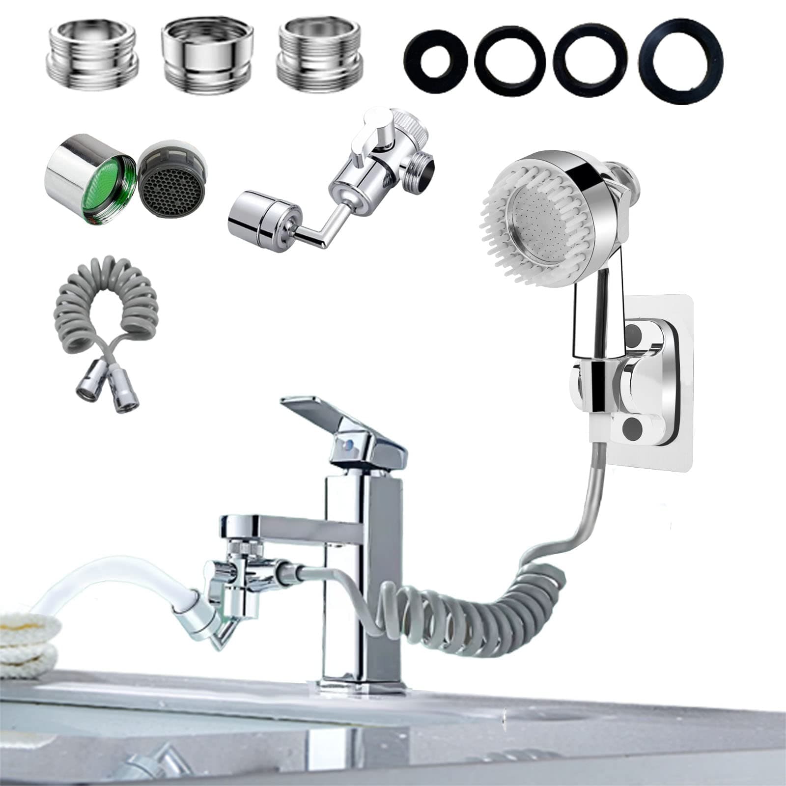 Handheld Shower for Sink| 3 Spray Mode Portable Shattaf Shower Head with 720°Rotatable Sink Aerator, Universal with 22mm,24mm,G1/2 Adapters and 2m Telescopic Hose,1 Set,Silver