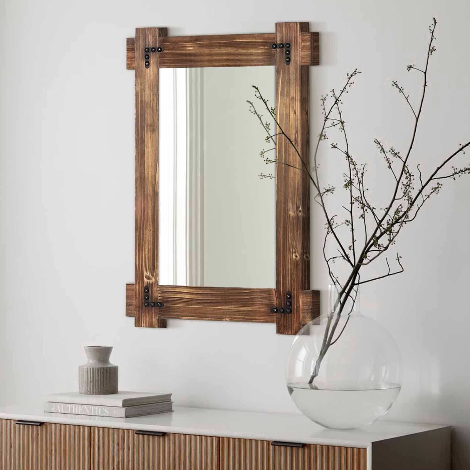MeMoreCool Large Rustic Wood Framed Wall Mirror, 40x28 Farmhouse Decorative Horizontal Mirror for Living Room Bathroom Bedroom, Rectangular Vanity Mirror Wall Mounted, Entrance Mirror