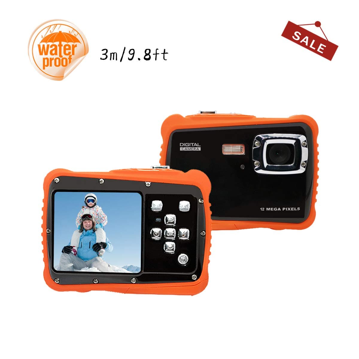 Underwater Action Digital Camera Camcorder for Kids, Waterproof 3M/9.8ft, 12MP 1080p, Yellow (Orange)