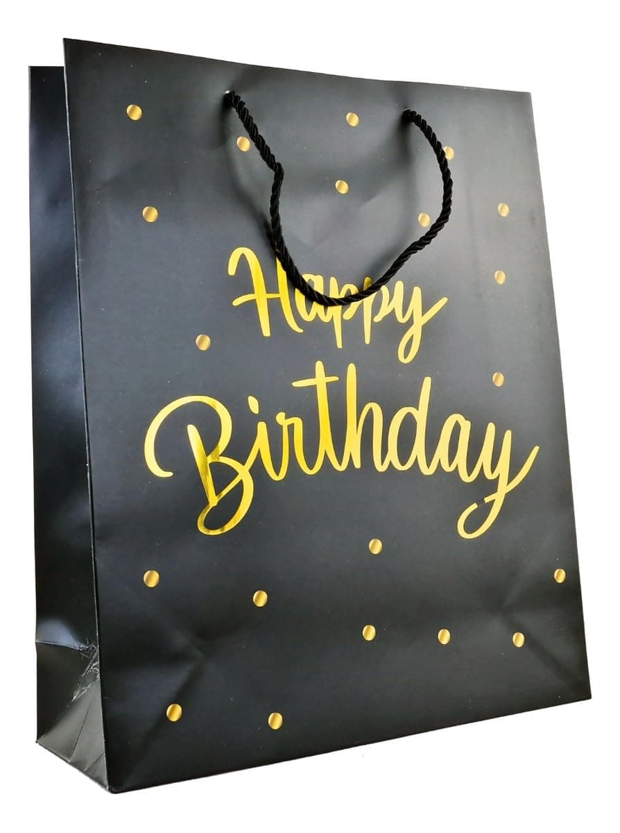 Elegant Luxury Happy Birthday Text Celebration Wrap Present Paper Gift Bag Gold Black White Silver Assorted Designs for him her men and women chic with handles | Large Size 26 x 32 x 10 (Black)