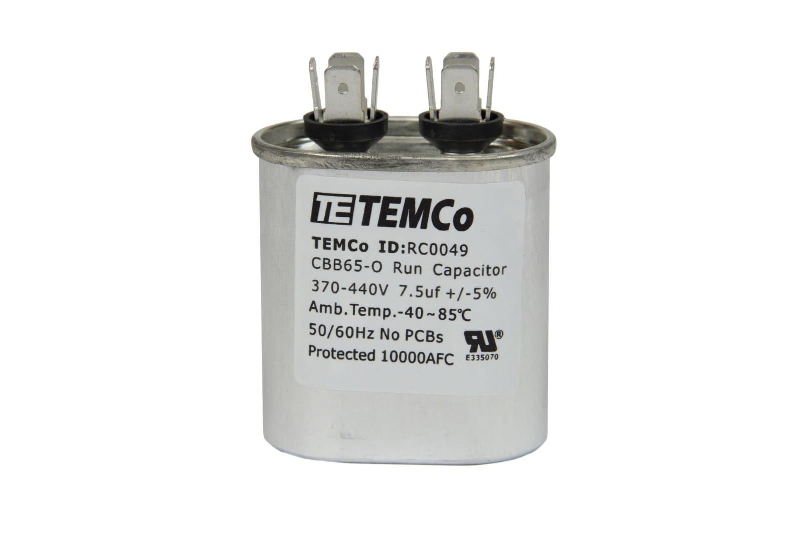 TEMCo 7.5 uF Run Capacitor CBB65, 7.5 MFD, 370-440V, Oval, 50/60Hz | for HVAC AC Fan, Motor, Blower Applications