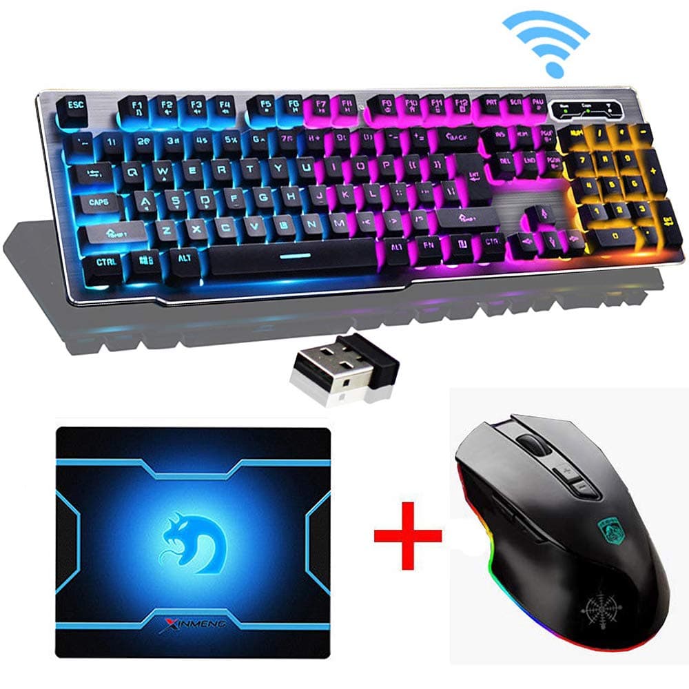 LexonElec Keyboard Mouse Combo 1000mAhLarge Capacity Wireless 2.4G Rechargeable Technology LED Backlit Ergonomic Gamer Keyboard + 2400DPI Adjust Cordless 6 Buttons Optical Gamer Mouse Mice + Mousepad