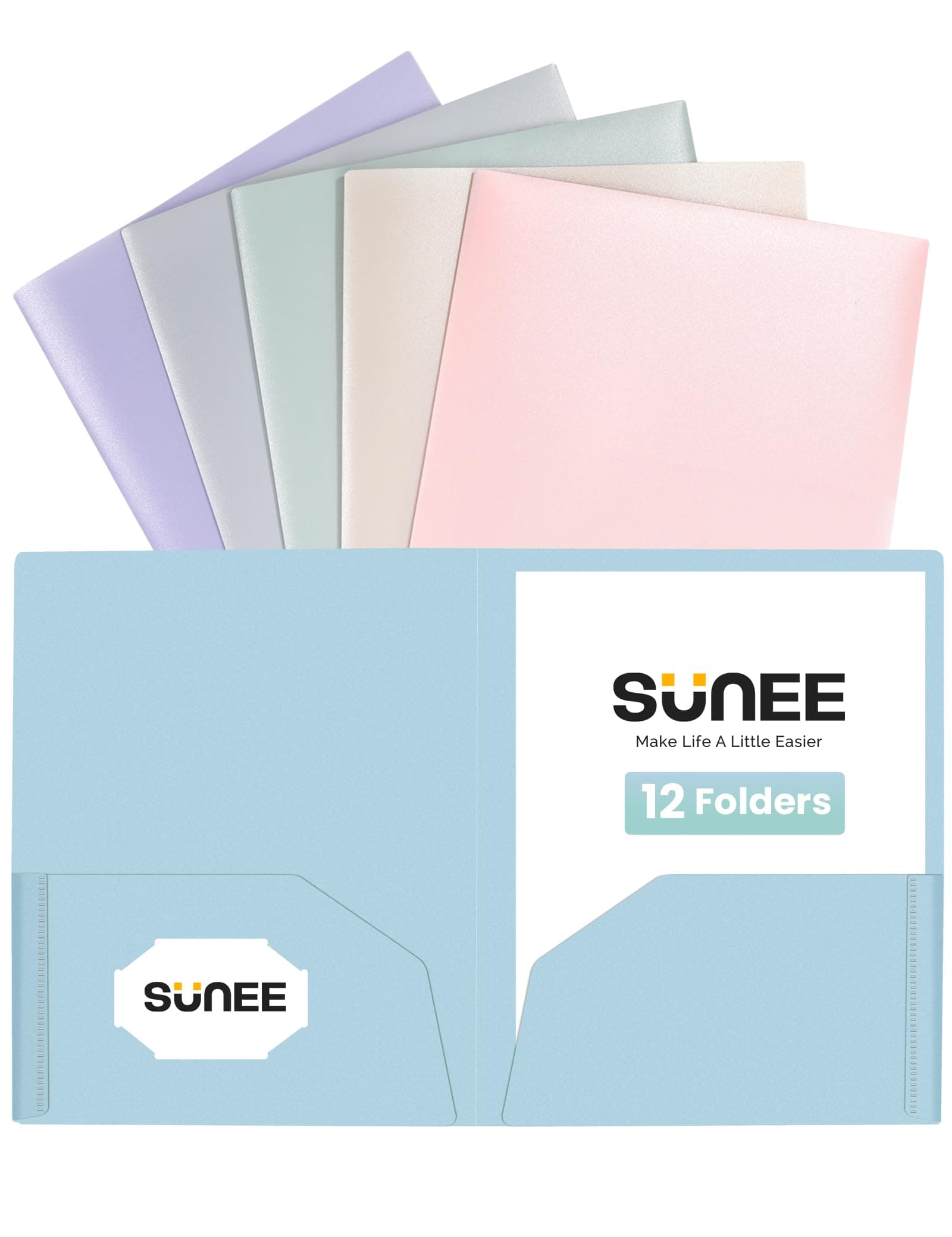 SUNEE 2 Pocket Folders (12 Pack, Pastel Colors) Heavy-Duty Plastic Folders with Pockets, Fit 8.5x11 Letter Size Paper, 2-Pocket File Folders for Kids, Home, School, Office