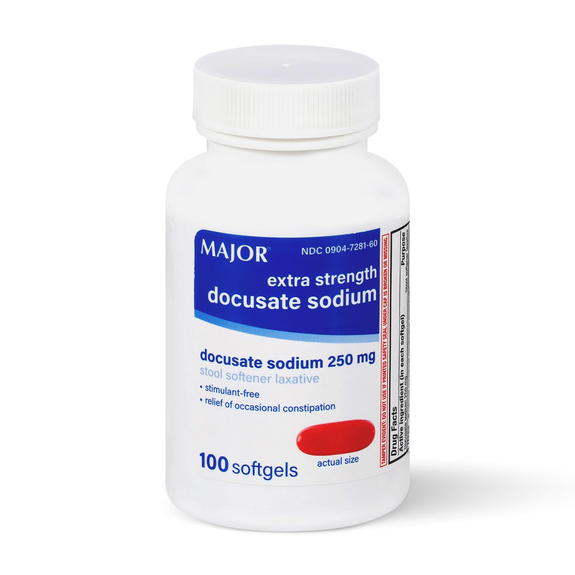 MAJOR Docusate Sodium 250 mg, Extra Strength Stool Softener Laxative for Occasional Constipation Relief – Stimulant‑Free, 100 Softgels (1 Pack)