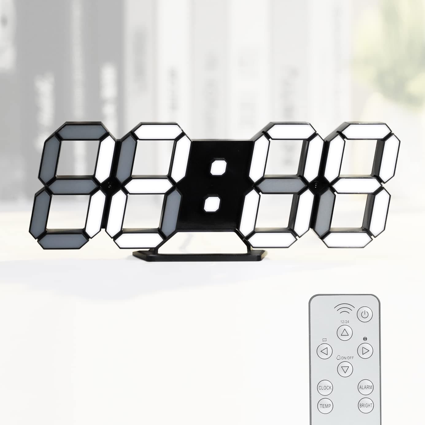 Digital Clock 3D LED Wall Clock for Living Room Decor 9.7" Alarm Clocks Black Clock Wall Decor Digital Wall Clock,Remote Control/Dimmer/Date/Temperature