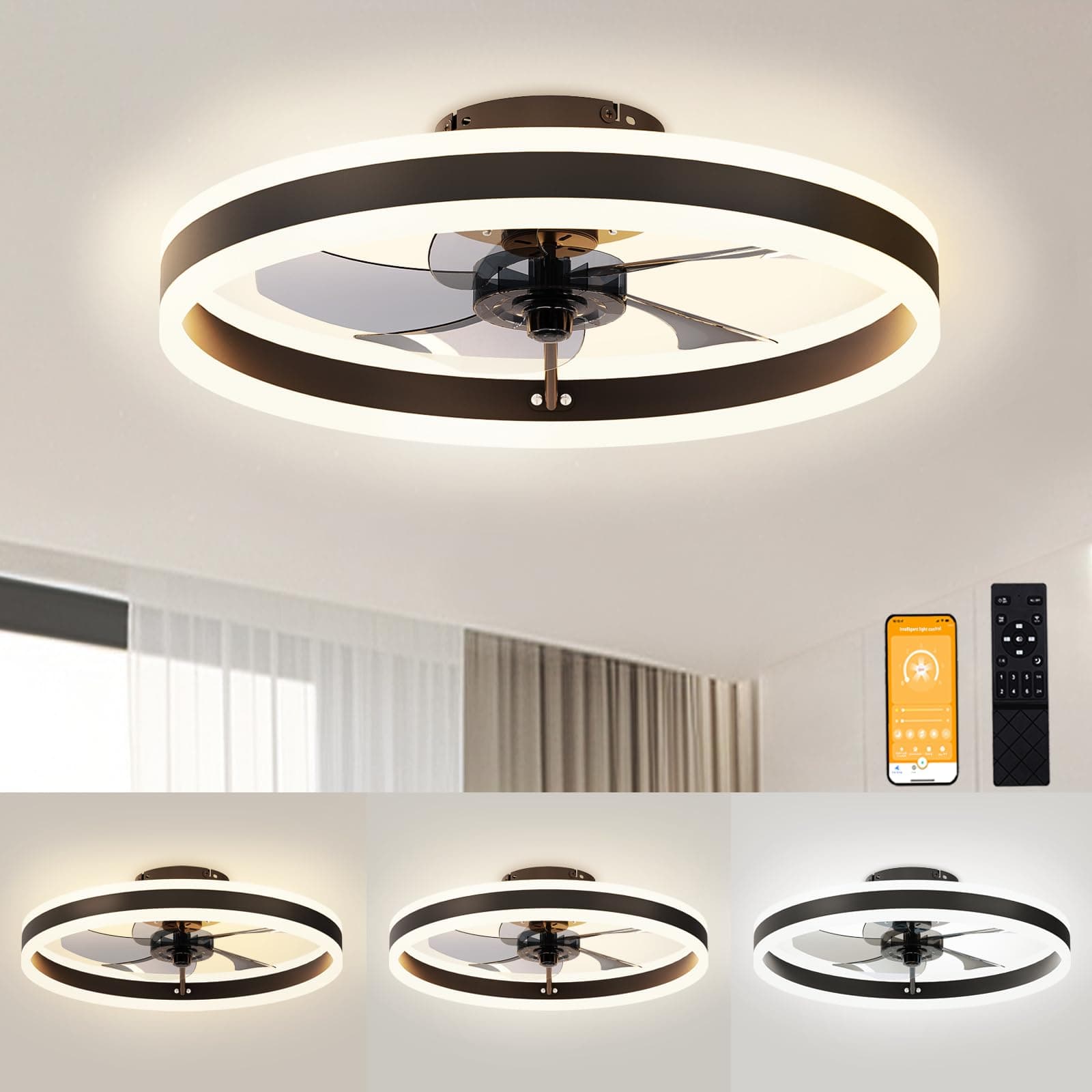 - VOLISUN Low Profile Ceiling Fans with Lights and Remote, 19.7in Flush Mount Ceiling Fans with Light, 3000K-6500K Dimmable Fandelier LED Fan Light, Black Bladeless Ceiling Fans with Lights for Bedroom