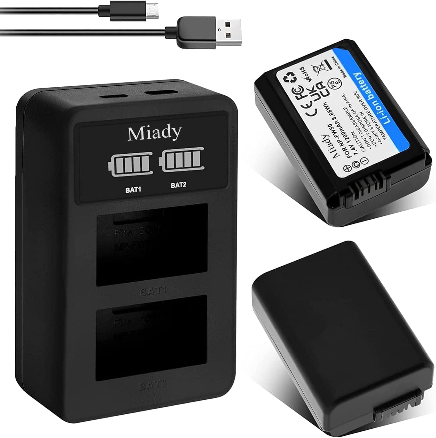 Miady 2 Pack Replacement Sony NP-FW50 Camera Battery Charger Set for Sony A6000 A6500 A6400 A6300 A5000 A5100 A7 A7II A7SII A7S A7S2 A7R A7R2 A7RII A55 A510 RX10 RX10II(Type C & Micro USB Ports)