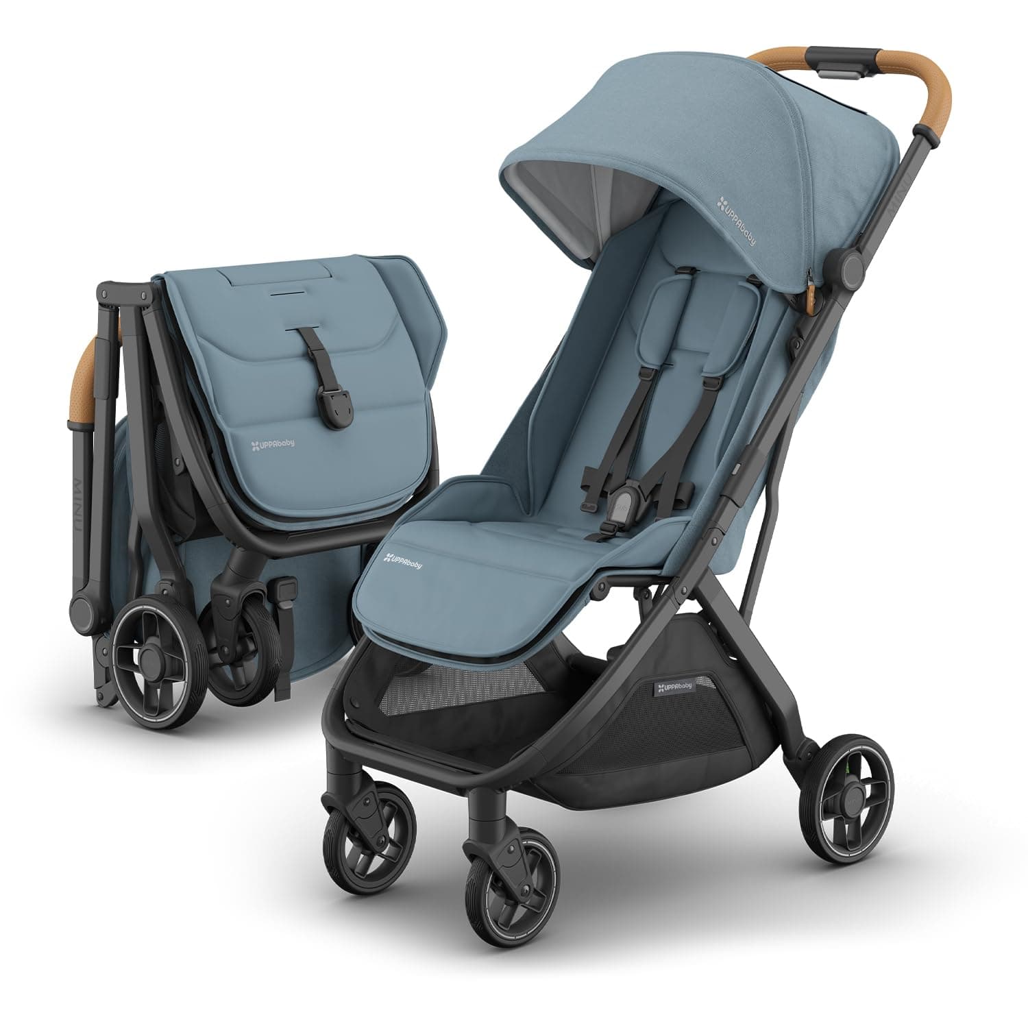 Minu V3 Travel Stroller | Lightweight + Compact Design | One-Hand Fold + Unfold | from Birth + Overhead Compatible | Dillan (Stone Blue/Carbon Frame/Sand Leather)