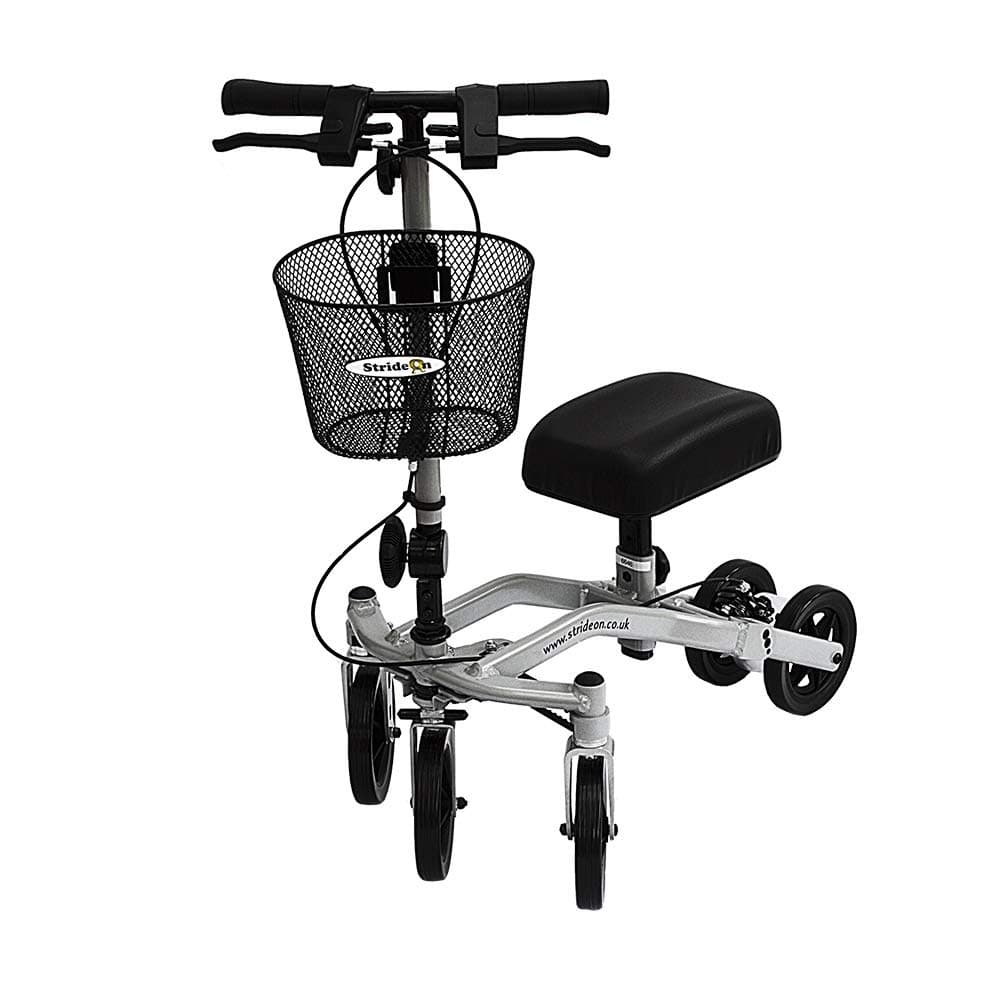 StrideOn Knee Walker with basket and extra thick knee pad 90 degree Turning Circle stable 5 wheel design. Foldable Knee Scooter for non-weight bearing injuries below the knee