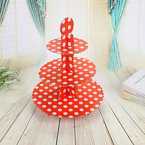 3-Tier Cardboard Party Cupcake Display Stand/ Dessert Stand/ Tea Party Pastry Serving Platter/ Food Display Stand-Big red dot