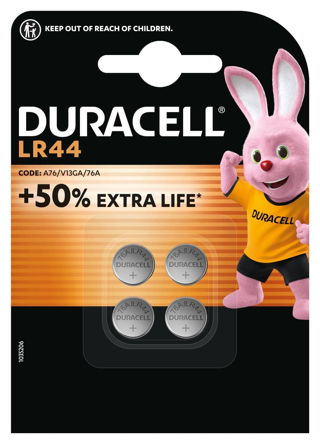 DURACELL LR44 (4 Pack) Specialty Alkaline Battery 1.5V (A76)– +50% EXTRA LIFE– For Thermometers, Flashlights, Watches, Security Systems & Medical Devices – 5–Year Storage Guarantee - Leak Prevention