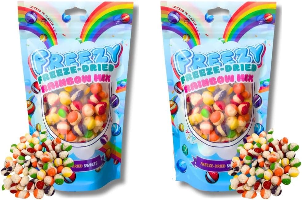 Freezy Freeze Dried Sweets Bundle, Rainbow Mix (Pack of 2) Colourful Blend of Rainbow Bites, Sweet Candy, Sour American Crunchy Flavourful Sweet Candy Bag,120 gms each