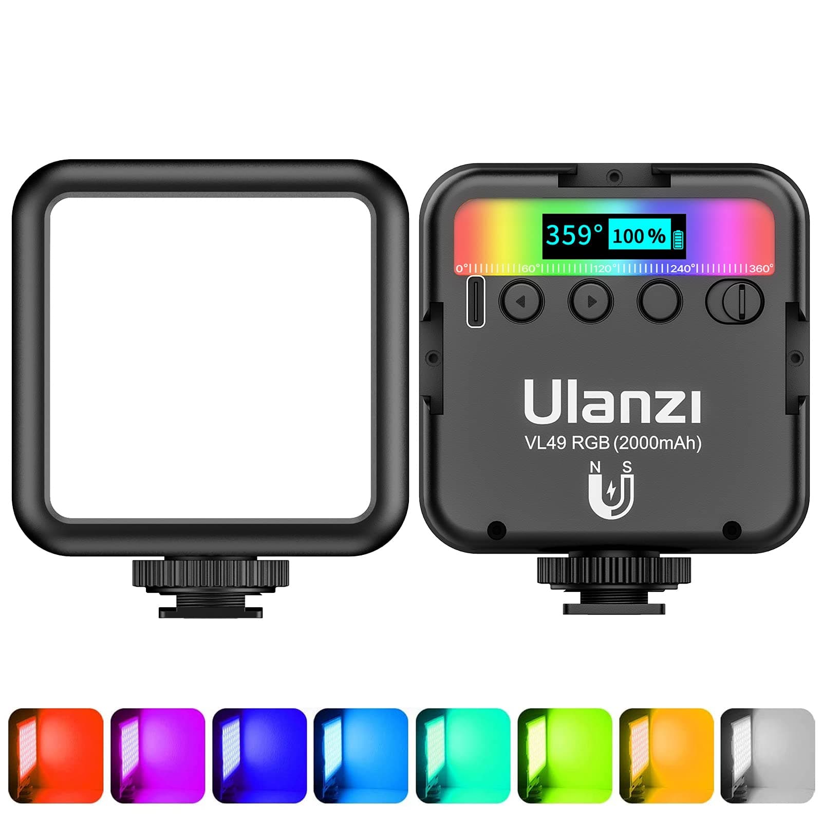 Video Light RGB, VL49 Led Camera Light Mini 360° Full-Color w 3 Cold Shoe, Portable Light Rechargable 2500K-9500K, On Camera Light with Support Magnet Adsorption