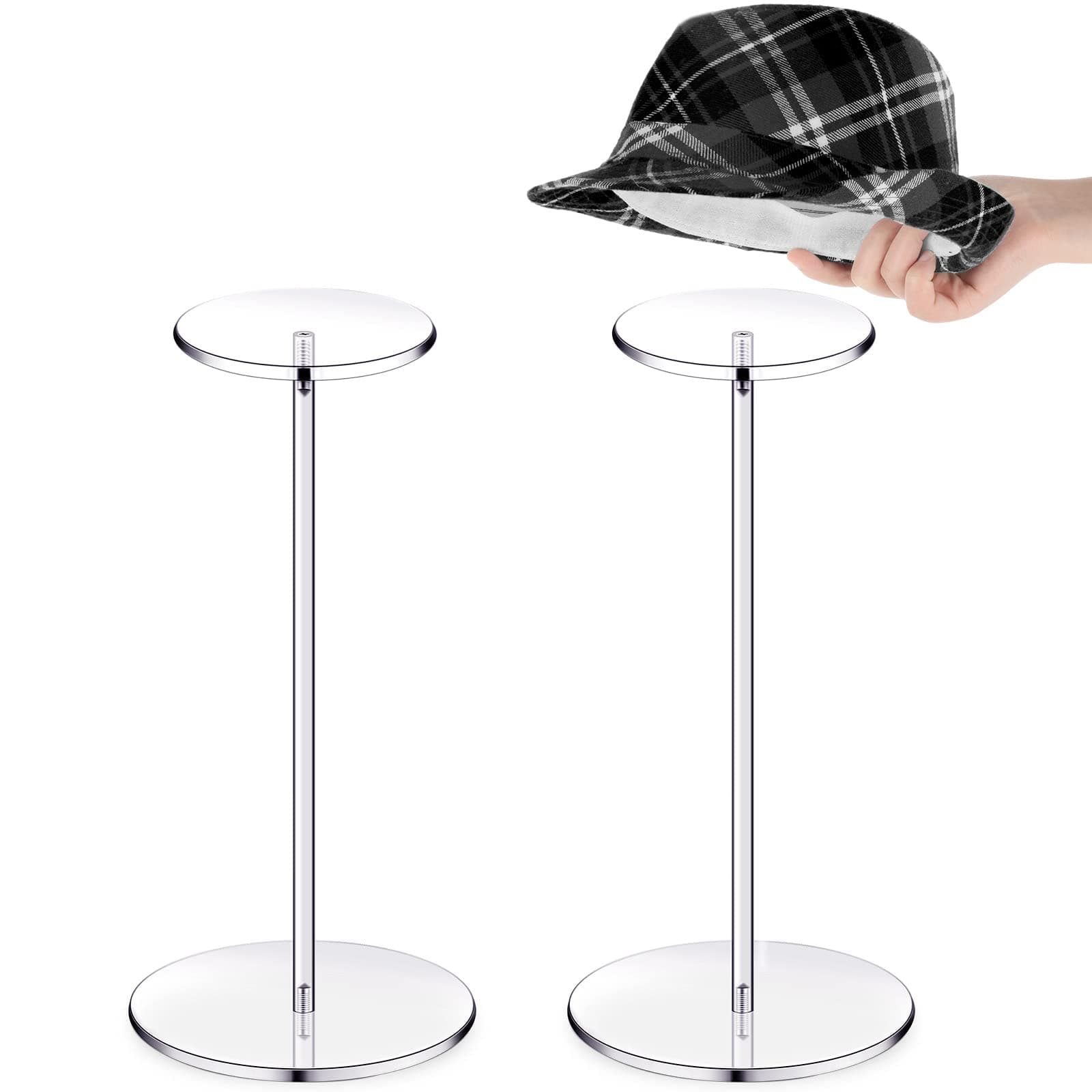 Yookeer 2 Set 12 Inch Clear Acrylic Hat Stands and Wig Display Rack Stands for Multiple Hats Display Tabletop Baseball Caps Watch Helmets Tabletop (Round Bottom)