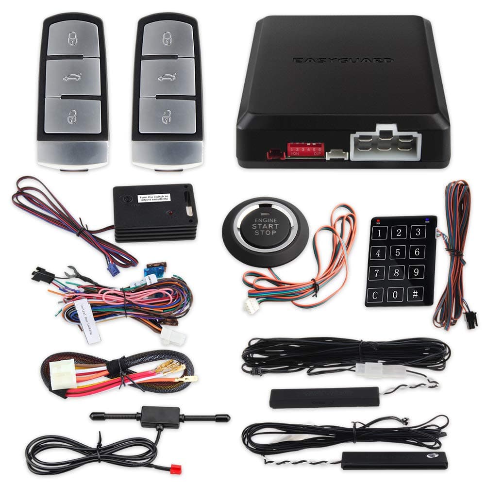 EASYGUARD EC002-V0-NS PKE car Alarm System with Push Engine Start Stop Button Remote Engine Start auto Lock Unlock car Door Shock Sensor Warning Touch Password keypad Hopping Code