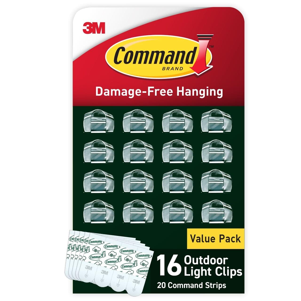 Command Outdoor Light 4 Pack of 16 Clear Clips and 20 Strips, Damage Free Hanging with Adhesive Strips, Wall Clips for Hanging Outdoor Lights and Cables Outside