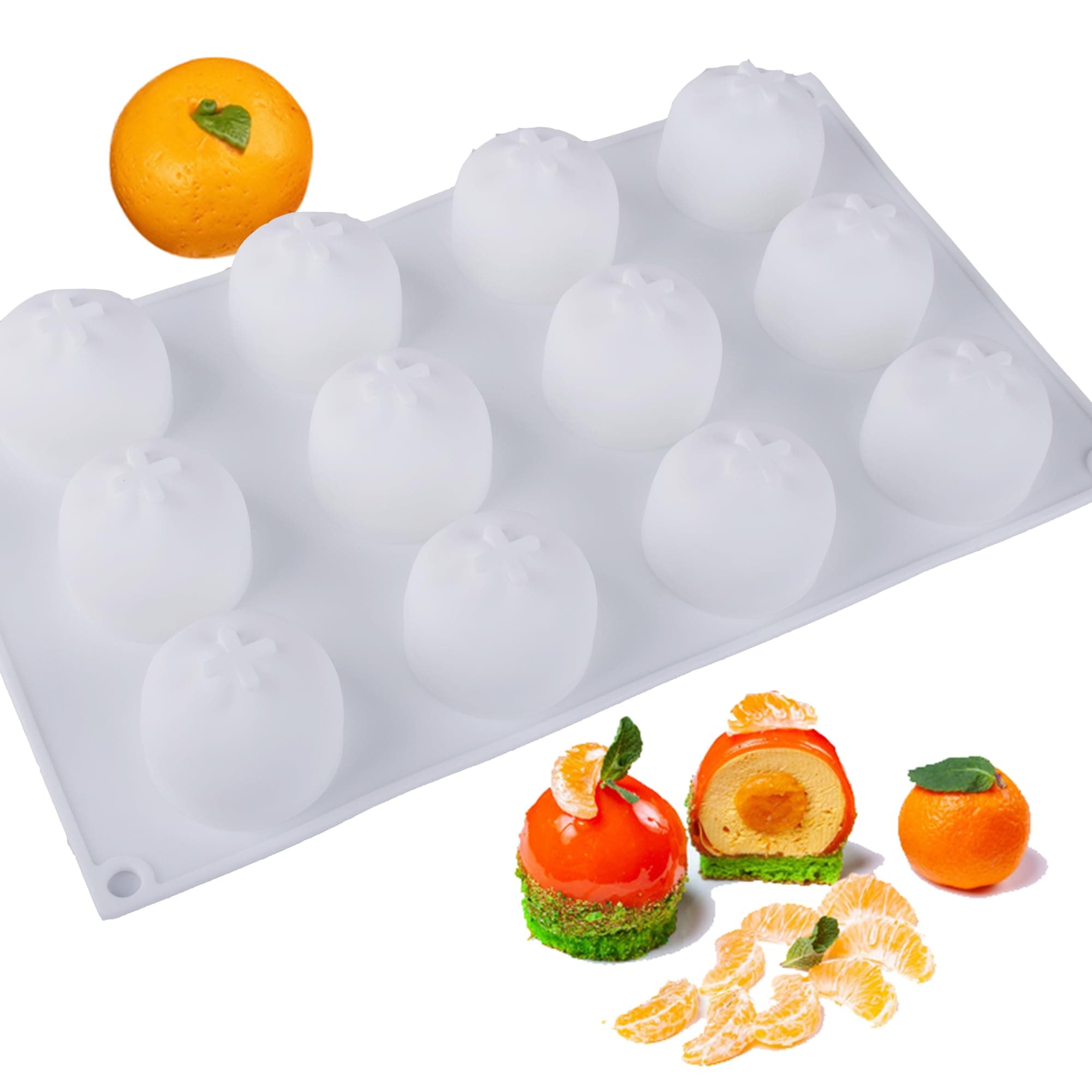 OCPO KITCHEN Orange Silicone Mold for Baking Mousse Cake, Candy, Chocolate, French Fruit Dessert, Pastry, Cupcake, Ice Cream, Pudding, Cake Decoration Mold, 3D Orange Shape (12-Cavity)