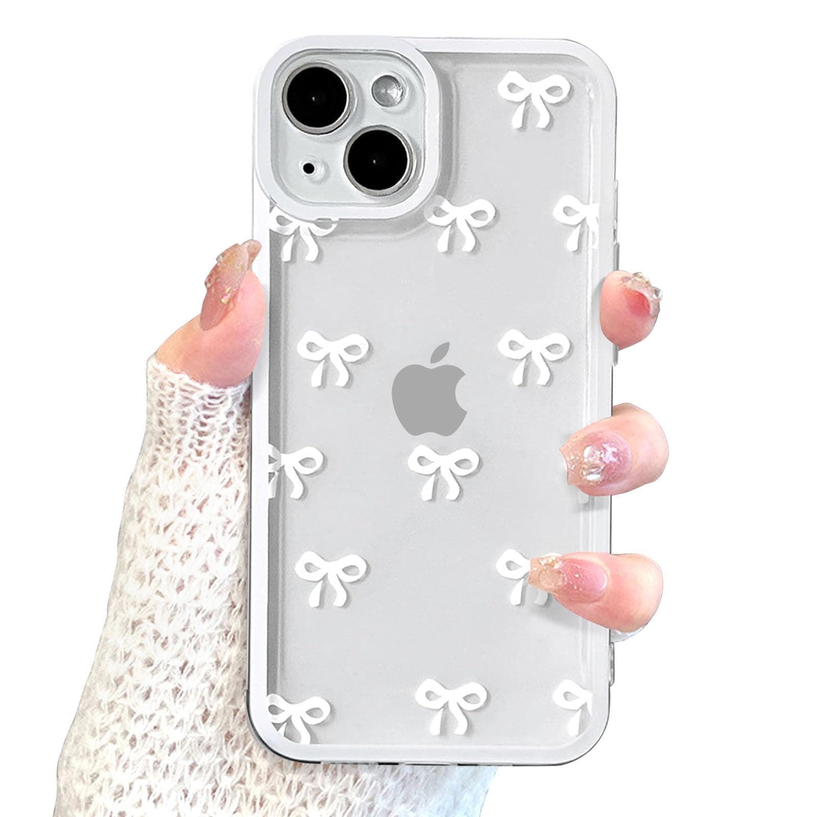 EYZUTAK Case for iPhone 14, Clear Cute Ribbon Bowknot Pattern Aesthetic Transparent Phone Case Raised Camera Protection Stylish Slim Soft Durable TPU Protective Cover for Women Girls - White