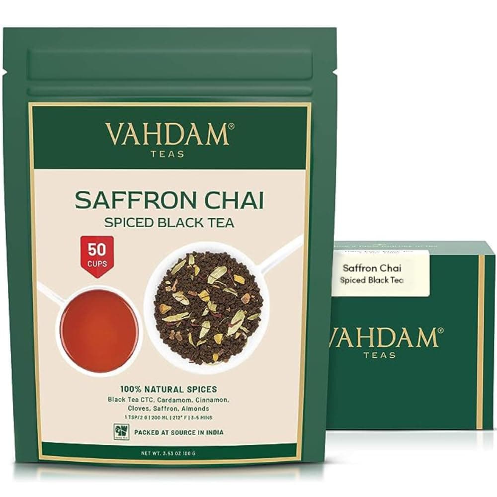 VAHDAM Saffron Spiced Chai (Loose Leaf, 50 Cups, 100g) | Black Tea with Cardamom, Cinnamon, Clove, Almond & Saffron | Enjoy Hot, Iced, or as a Chai Latte
