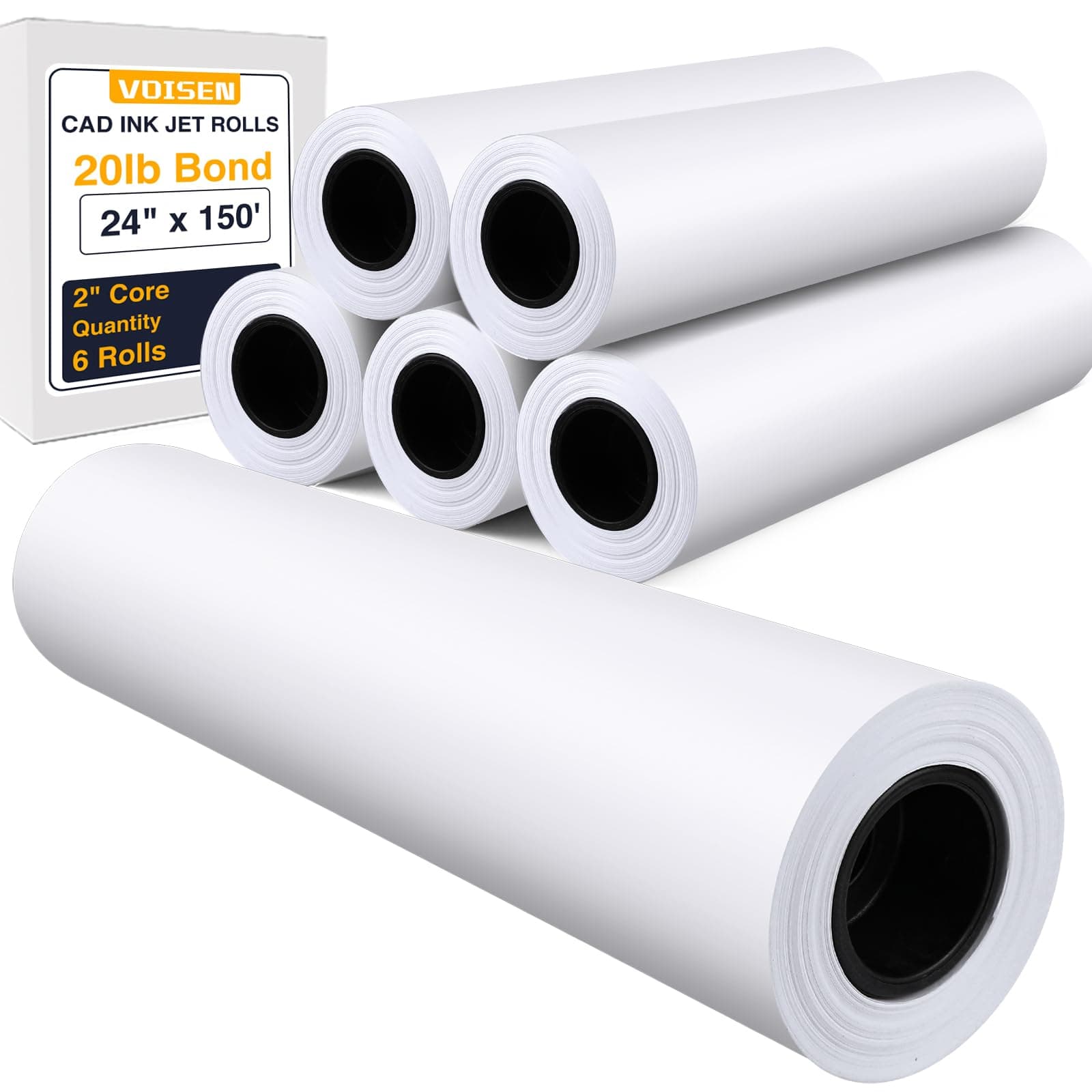 VOISEN 6 ROLLS Plotter Paper,CAD Bond Rolls 24in*150ft,20lb,Bond Paper on 2" Core for CAD Printing on Wide Format Ink Jet Printers