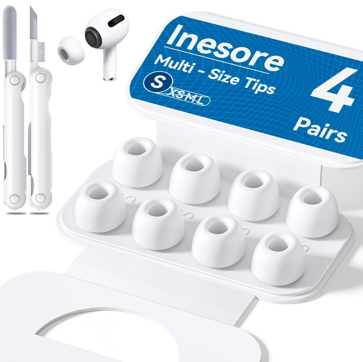 4 Pairs Replacement Ear Tips for AirPods Pro 2nd/1st Generation with Portable Storage Box & Cleaner Pen,Noise Reduction Holewith & Built-in dust Guard Screen,Silicone EarTips(White-s/Size)