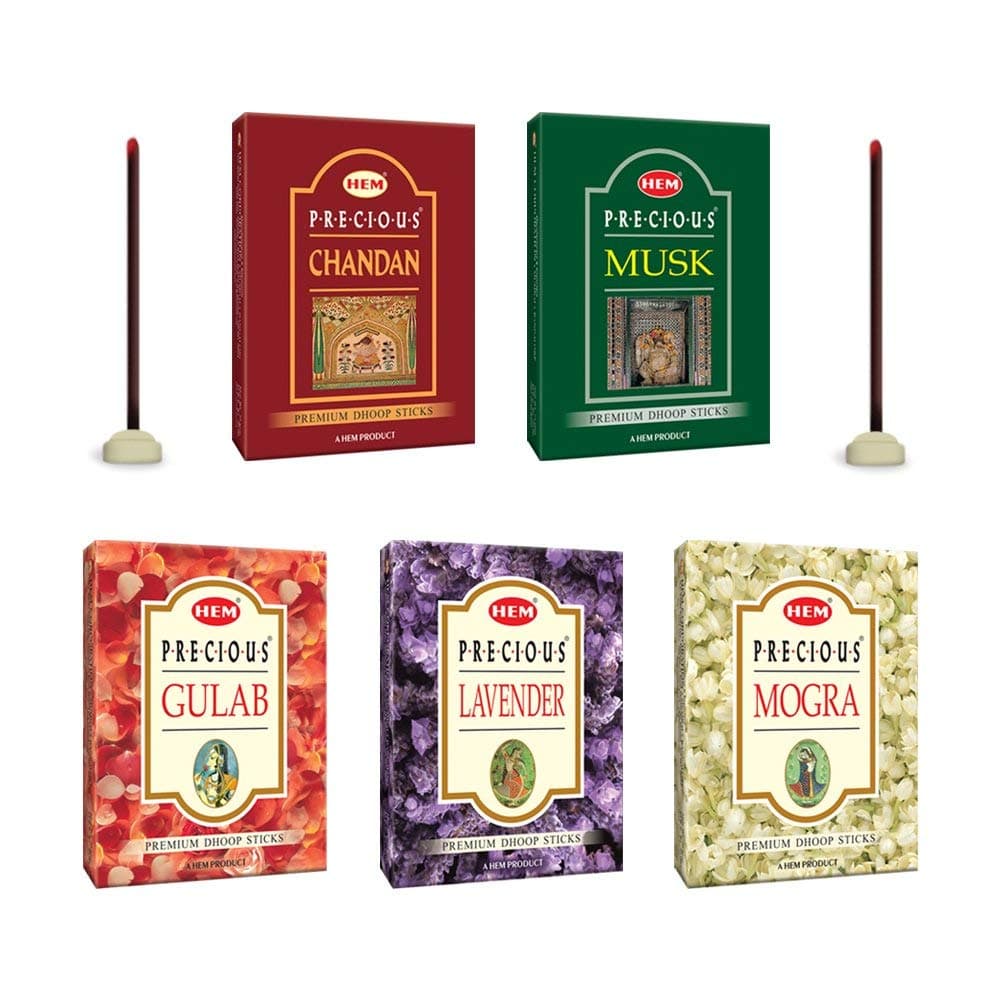 Hem Precious 5 Variant Assorted Incense Dhoop Sticks Set (5 Packets of 60g Each) | Fragrances - Chandan, Gulab, Mogra, Lavender & Musk | Pooja Room Items for Home & Prayers