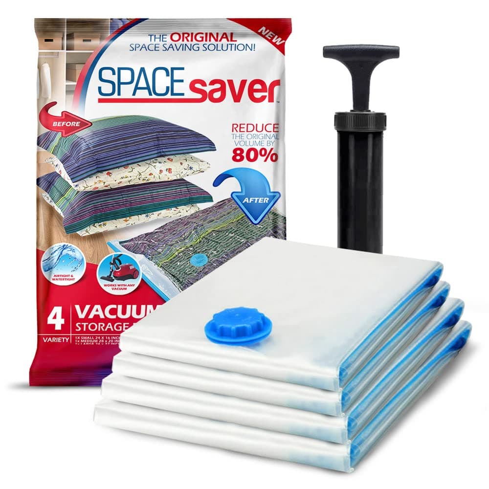 4 Pack Variety Vacuum Storage Bags for Comforters, Blankets & Clothes – Vacuum Sealed Compression Bags with Hand Pump – Space Saver Storage Bags for Bedding, Moving, Travel & Organization (2L & 2XL)