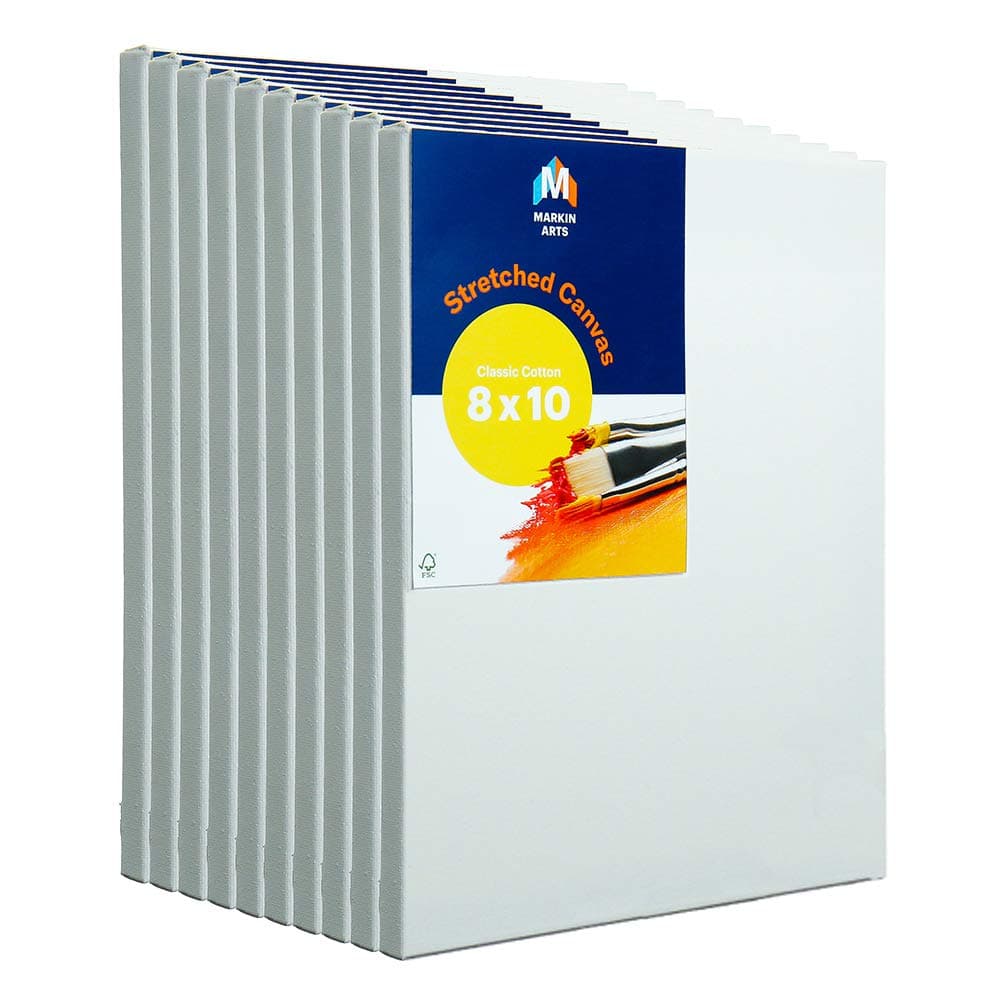Markin Arts Stretched Canvas 8x10" 10 Pack Blank Canvas Board 100% Cotton 10 oz Primed Paint Canvases for Painting Acrylics Oil & Watercolor Paints