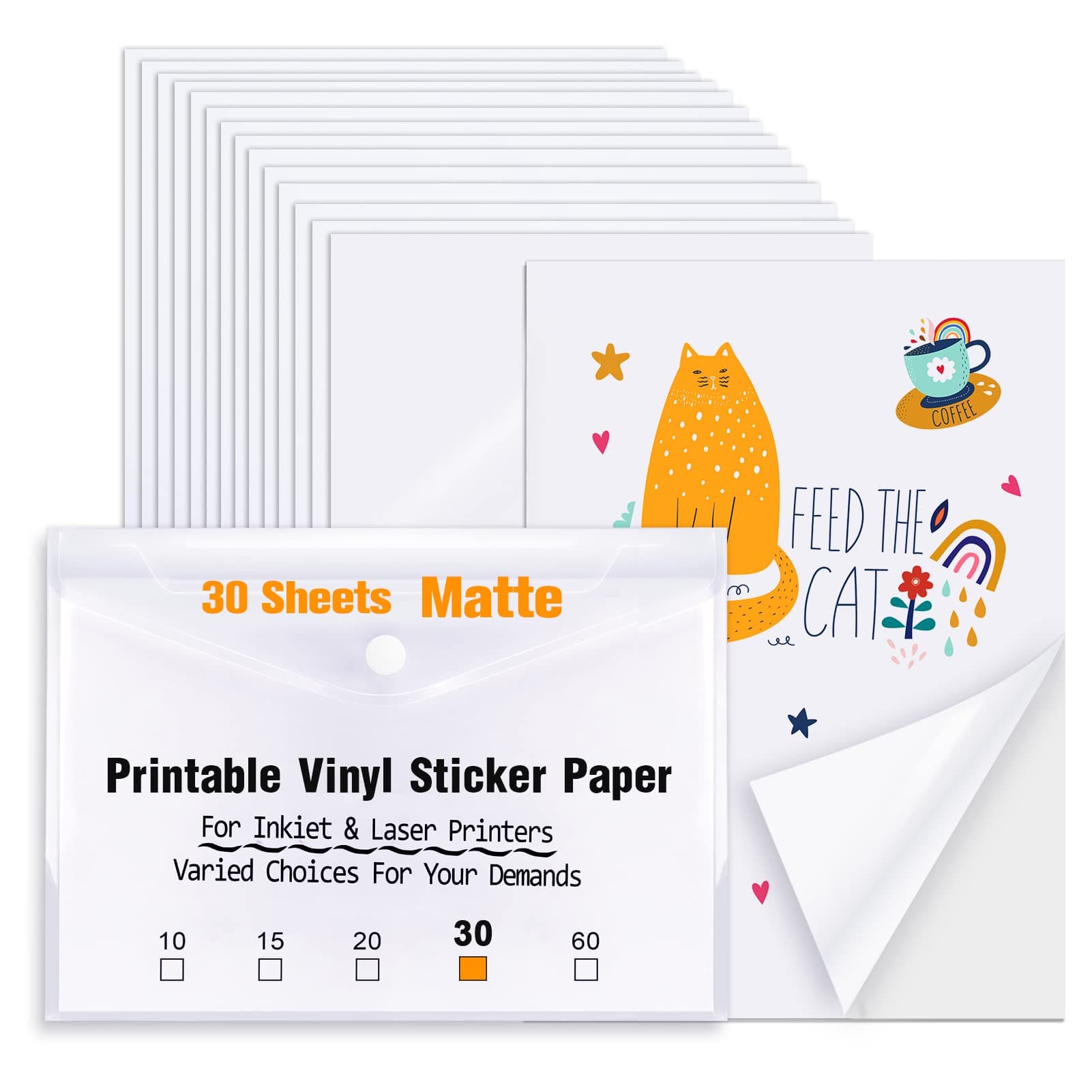 Printable Vinyl Sticker Paper for Inkjet Printer - 30 Sheets Matte White Waterproof Sticker Paper for Cricut, Dries Quickly 8.5 inches x11 inches - Inkjet & Laser Printer