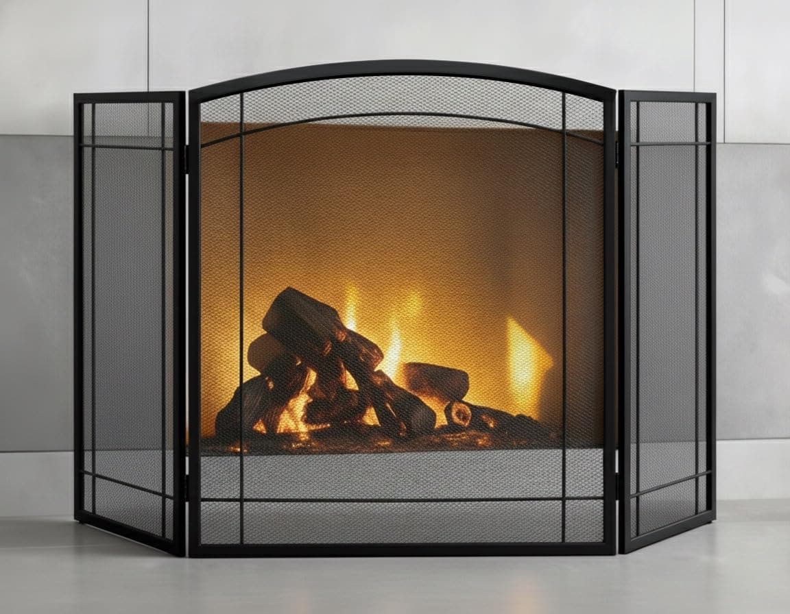3 Panel Fireplace Screen 48" W x 29" H Modern Foldable with Wrought Metal Decorative Mesh,Arch Heavy Duty Fire Spark Guard Cover for Home Decor Indoor, Black