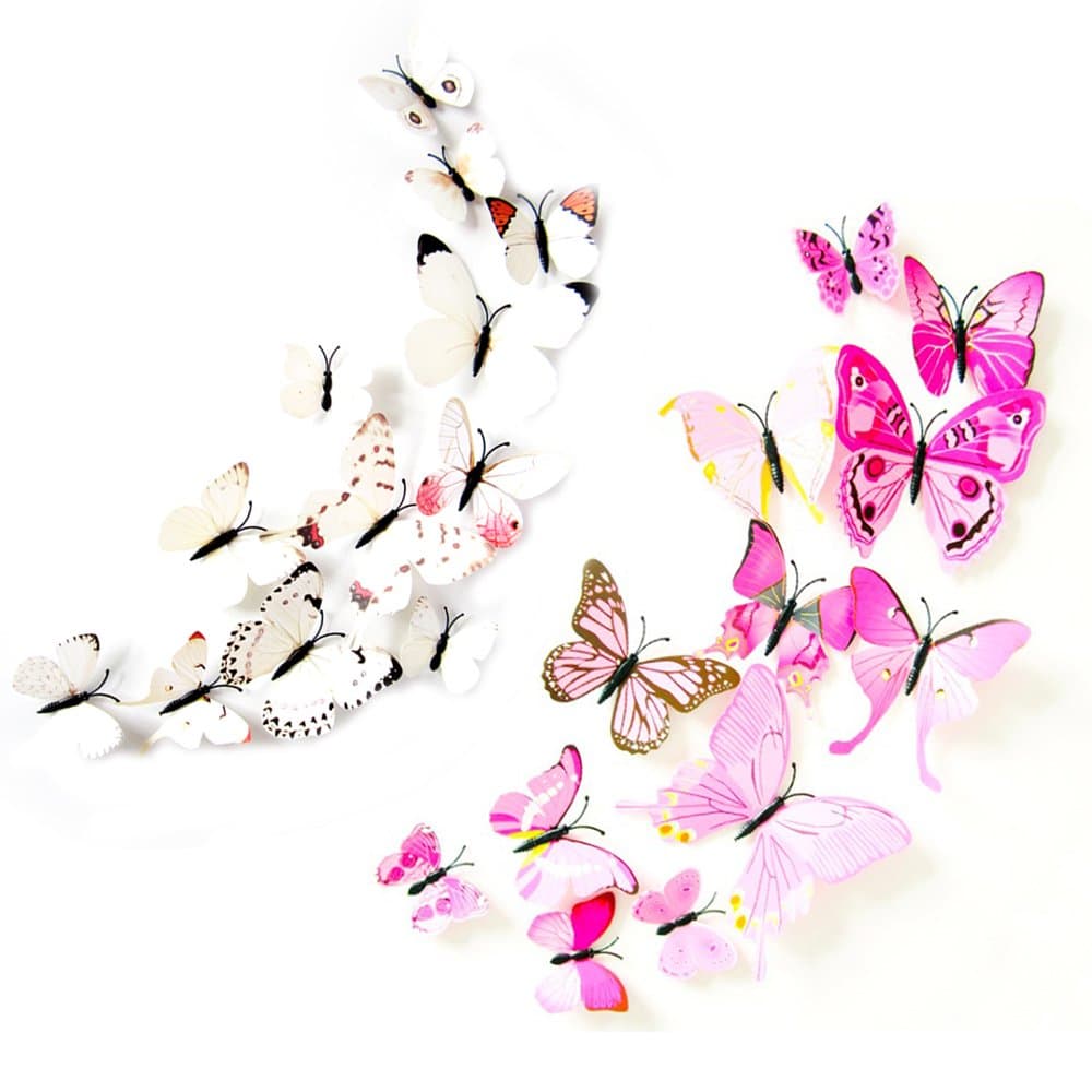 24 Pack 3D Butterfly Refrigerator Magnets, Fridge Magnets, Removable DIY Butterflies Refridgerator Decoration Wall Stickers(Pink&White)