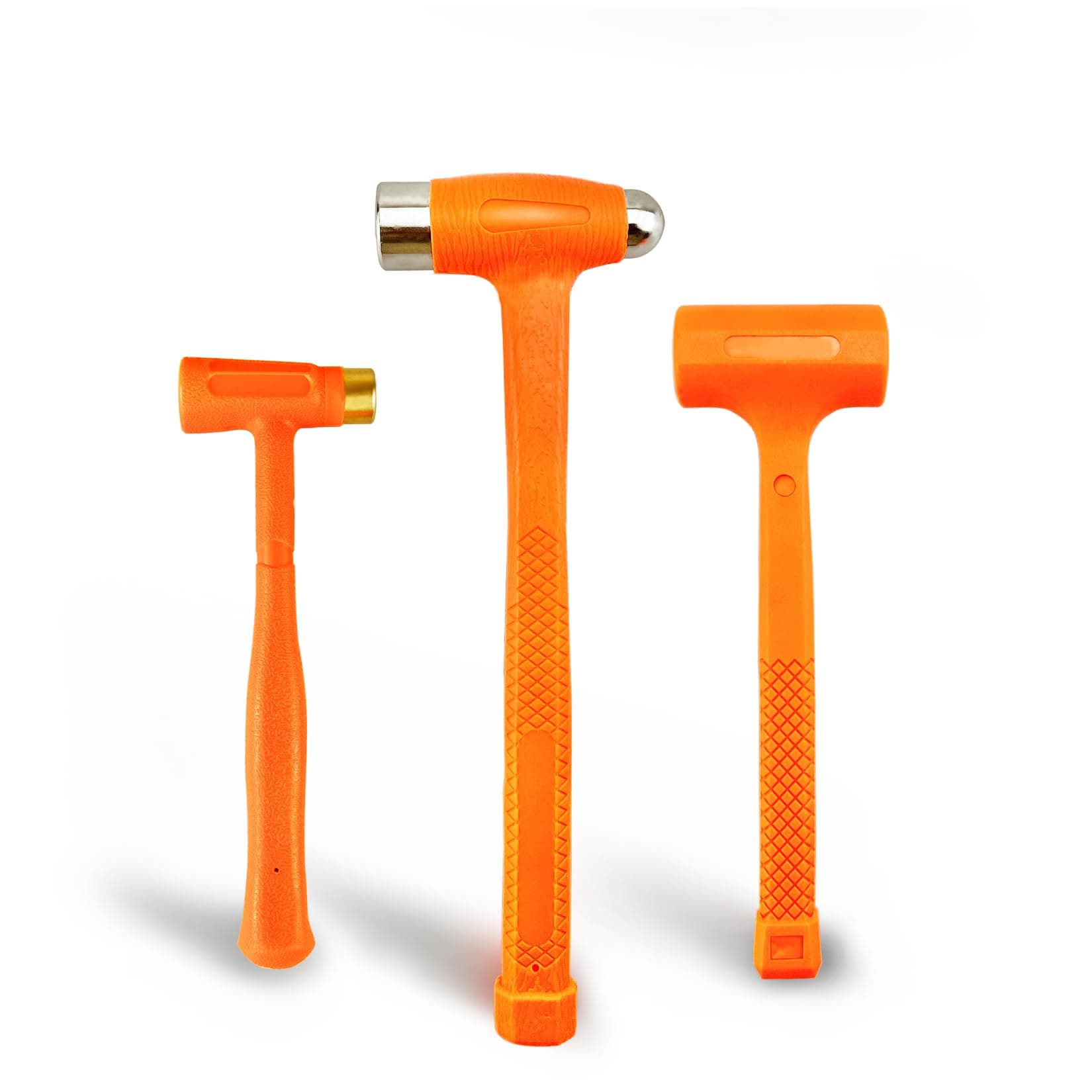 3-Piece Dead Blow Hammer Set - Orange, Shockproof, No Rebound, Unibody Molded Checkered Grip, Spark & Rebound Resistant