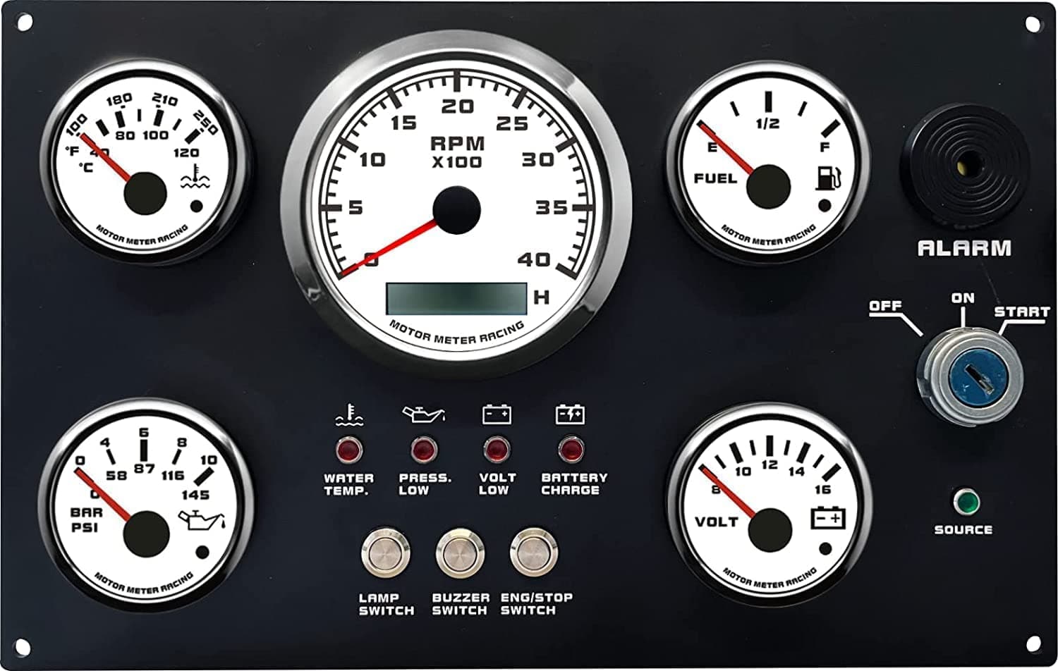 MOTOR METER RACING W Pro Instrument Panel - 85mm Rev Counter/Tachometer - 52mm Volt, Fuel, Water Temp, Oil Pressure Gauges - 12V White Dial Red LED - For Boat Yatch