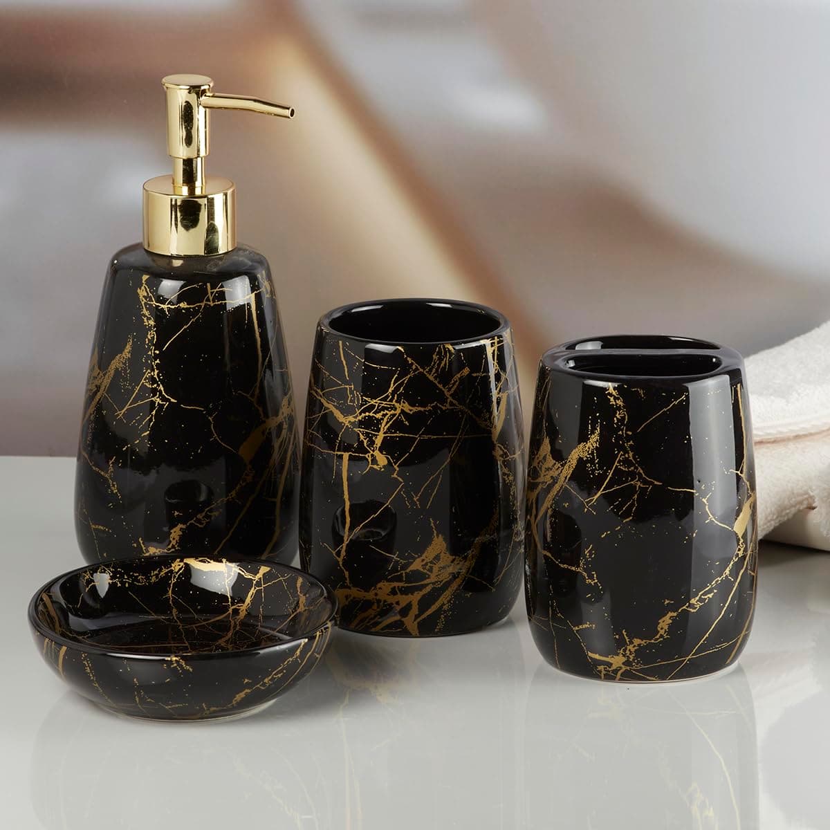 KookeeCeramic Bathroom Accessories Set of 4, Modern Bath Set with Liquid handwash Soap Dispenser and Toothbrush Holder, Luxury Gift Accessory for Home (8062)