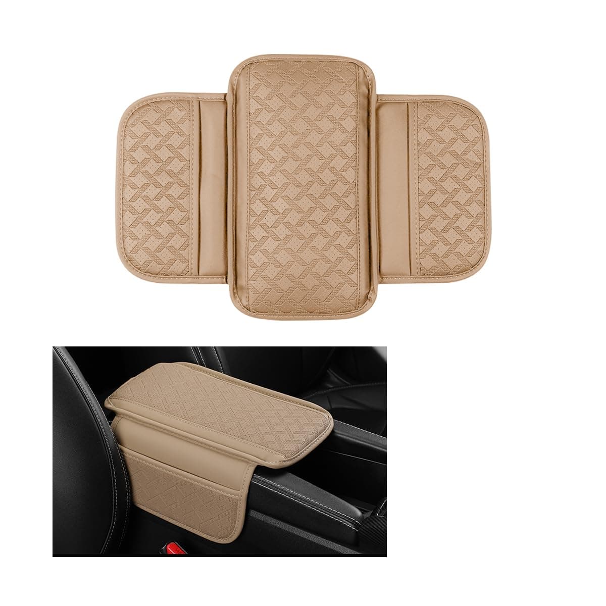 Car Center Console Cover, Microfiber Leather Vehicle Armrest Protector Cushion with 2 Storage Bags, Auto Middle Console Armrest Seat Box Pad Accessories, Universal for Most Cars (Beige)