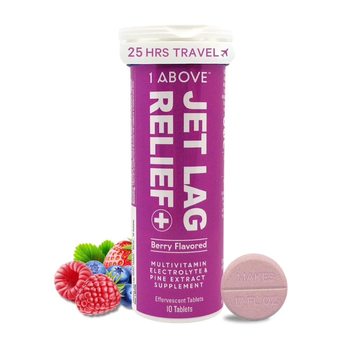 1Above Jet Lag Relief Tablets - Berry-Flavored Effervescent Multivitamin with Pycnogenol Travel Supplement for Hydration, Energy, Immune Support and Faster Recovery - Flight Essential, 10 Tablets
