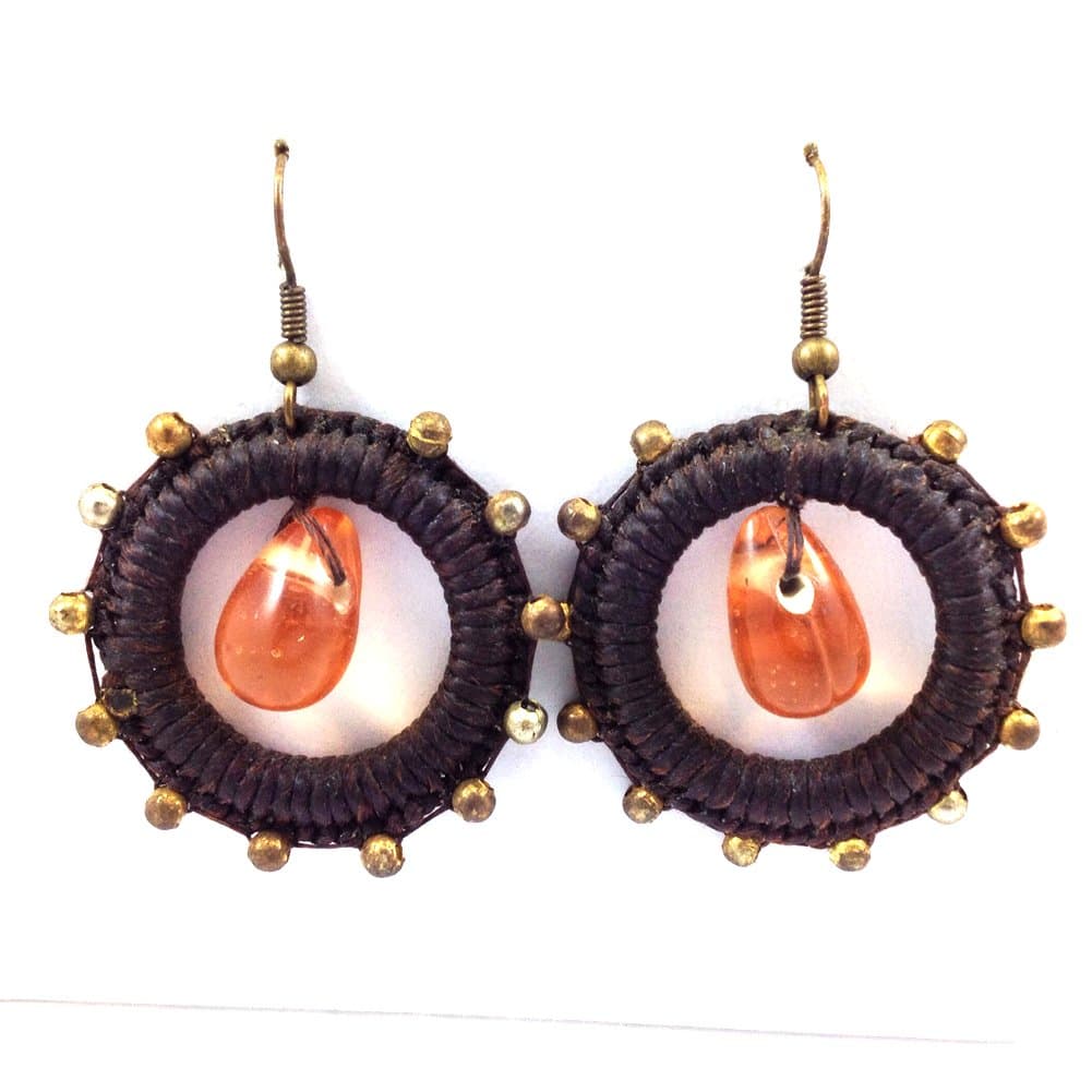 Yellow Drop Shape Stone with Brass Bead Crochet Circle Earrings Handmade Beaded Jewelry