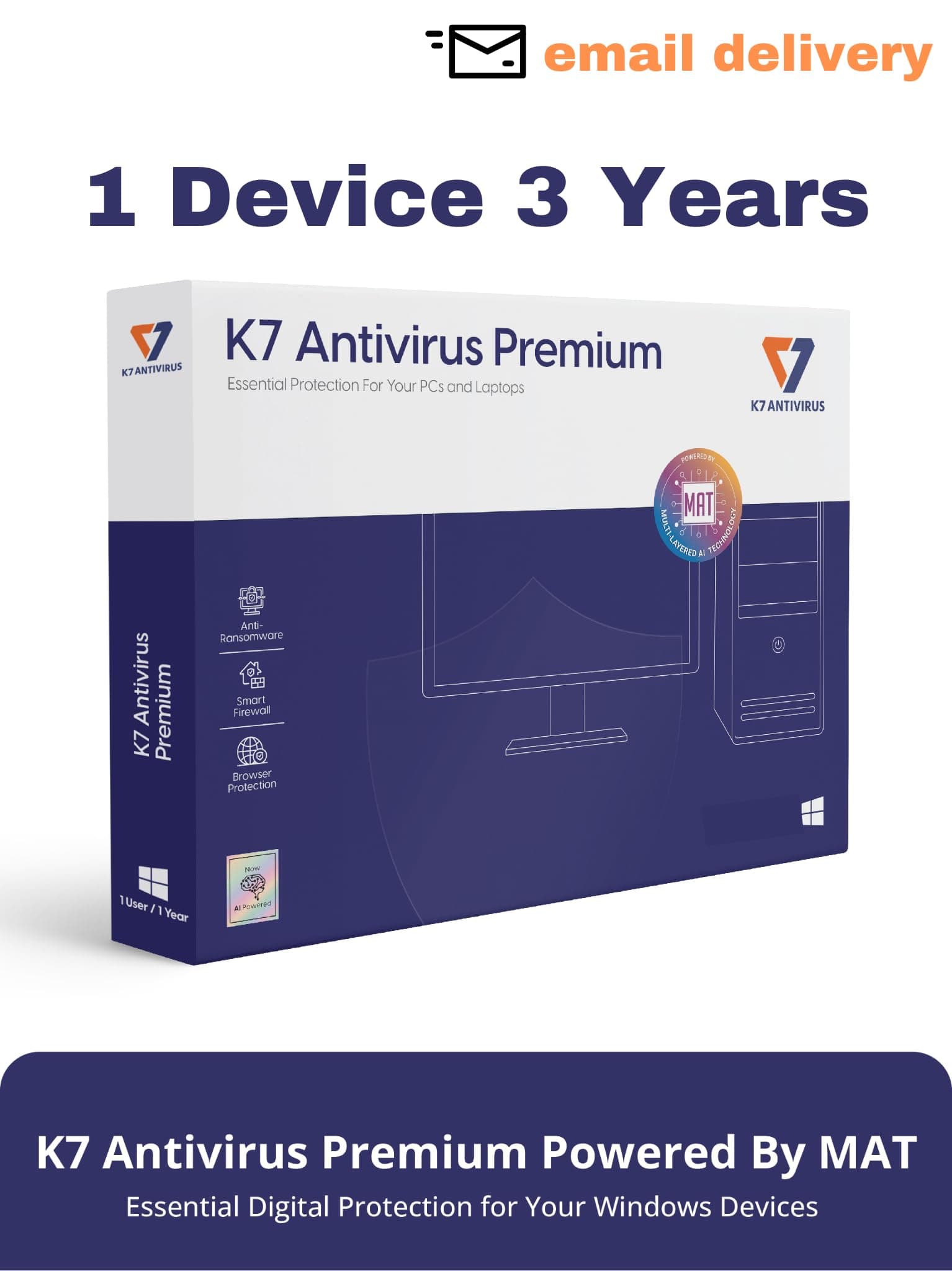K7 Security K7 Antivirus Premium 1 Device 3 Years, Powered By MAT (Artificial Intelligence), Smart Firewall, Real-time Protection, Threat Detection for Laptop, PC, Windows