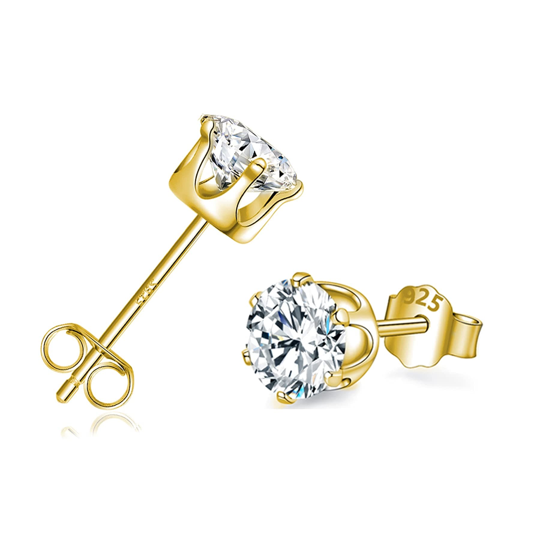 18K Gold Stud Earrings, 925 Sterling Silver Stud Earrings with AAAAA Cubic Zirconia, Hypoallergenic Sleeper & Cartilage Studs for Women Men Girls- Sizes 3/4/5/6/7mm, with Jewellery Bag