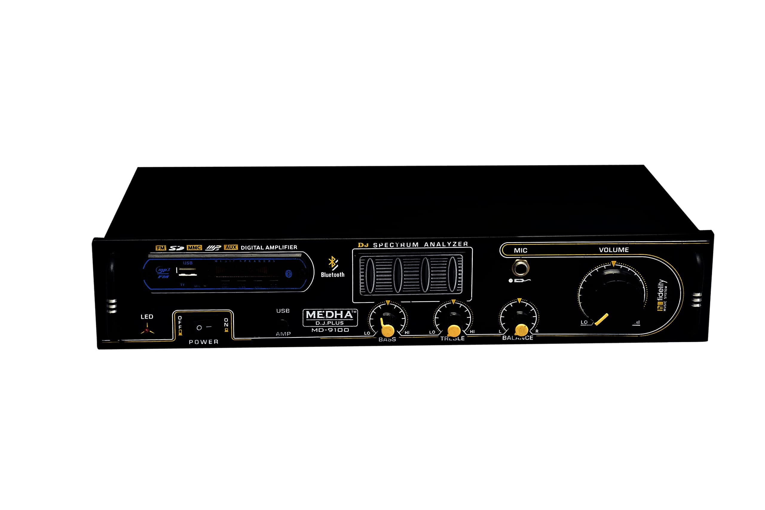 MEDHA D.J. PLUS MD-9100 Stereo Amplifier with Big LED Display/Bluetooth/MIC Input/USB/SD Card Slot/FM Radio/AUX Input/Remote Control & Built-in Equalizer with Bass, Treble & Balance Control