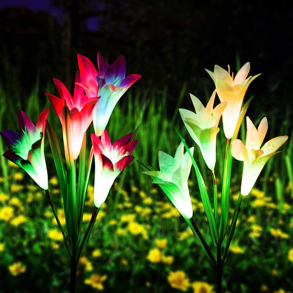 2 Outdoor Solar Stake Flower Lights - 2 Pack Solar Powered Decorative Lights with 8 Lily Flower, Multi-Color Changing LED for Garden, Lawn,Patio, Pond,Backyard, etc(Purple and White)