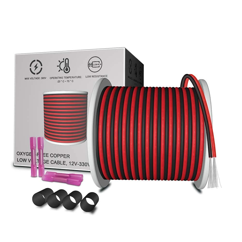 - 65.6ft Extension Cable Wire 2 Conductor 20M 22AWG 2 Core 22 Gauge Red Black Stranded Tinned Copper for Led Strips Single Color 3528 5050, Boat Light, 12V LEDs Bulbs Lamps, Car Lighting