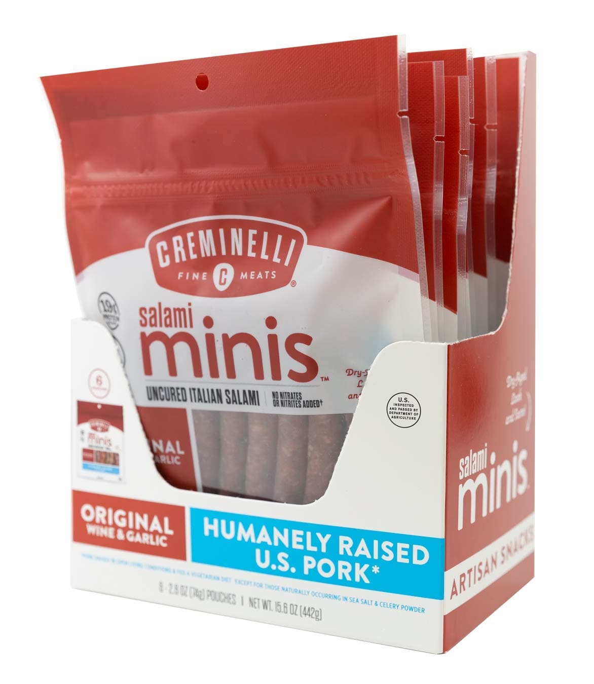 Original Salami Minis, (6 count, 2.6oz), Humanely Raised Pork*, No Added Nitrates or Nitrites, No Artificial Ingredients, Gluten Free, Keto & Paleo Friendly Snacks, 19g Protein Per Pouch, 0g Sugar**